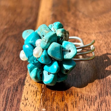 Turquoise Nugget Fresh Water Pearl Blue Gemstone Ring Handmade Jewelry Cluster Ring Vintage Retro Cocktail Statement Adjustable Ring 
