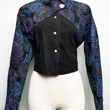 80's Rough Rider Western Jacket Shirt Blouse Blue Black Paisley Vintage Medium Cotton Button Down Long Sleeve Cowgirl 1980's 
