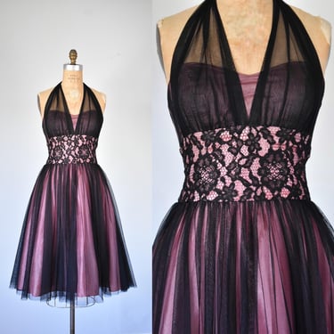 vintage rockabilly pink and black halter dress, pink dress, new look black midi dress, 50s dress, party dress, midi dress  50s swing dress 