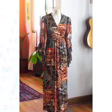 Vintage Boho Maxi Dress - 1970s - Asian, Japanese-Inspired Print - Large Bell Sleeves - Daisy Jones, Stevie Nicks 