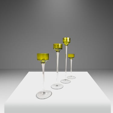 Title: Set of Four (4) Italian Modern Elongated Blown Glass Two-Tone Candlestick Holders (Varying Sized), Italy, c. 1970's 