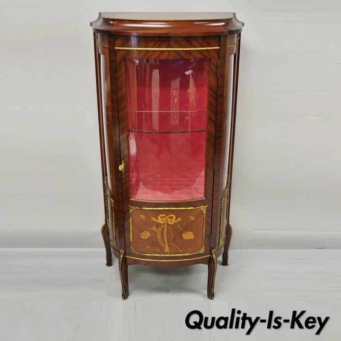 French Louis XV Style Small Curio Display Cabinet Bowed Glass and Inlay