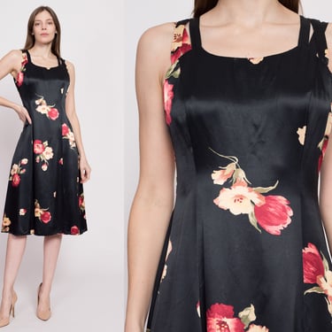 80s Black Floral Satin Midi Dress Medium | Vintage A Line Boho Formal Sundress 