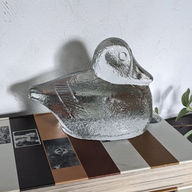 Vintage Blenko Clear Glass Duck Bookend Paper Weight Decor 