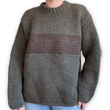 Vintage 90s Mens J Crew Hand Knit Olive Green Chunky Wool Striped Sweater Sz L 