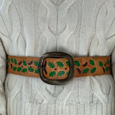 Vintage 1970s Womens Hand Tooled Brown Leather Acorn Fall Theme Belt Sz M 