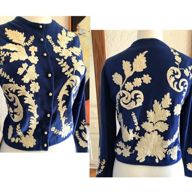 Rare 1950's Designer Hand Appliqué Cashmere Sweater by "Helen Bond Carruthers" size Med / Large 