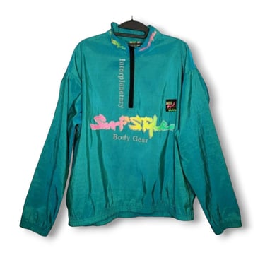 1990s Vintage Surf Style Windbreaker, Interplanetary Body Gear, Mens 1/4 Zip Pullover Jacket, 90s Neon Jacket, Unisex Vintage Clothing 