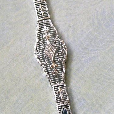 Antique 10K White Gold Filigree Esemco Bracelet With Diamond and Sapphires, 10K Antique Filigree Bracelet, 10K Art Deco Bracelet (#4622) 