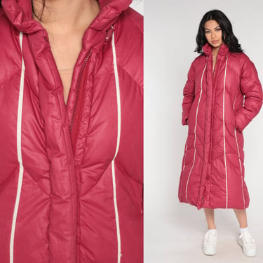 Raspberry Parka Jacket 80s Puffy Winter Coat Duck Down Fill Ski Jacket Long Puffer Jacket Full Length Red Puff Snow Vintage 1980s Small S 