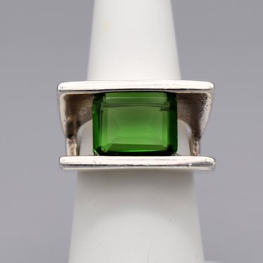 60's 925 silver green crystal size 6.25 Atomic ring, sterling glass geometric modernist solitaire 