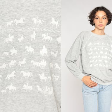 Horse Sweatshirt 90s Horse Shirt Horses and Buggy Carriage Graphic Pullover Sweater Retro Raglan Sleeve Grey Vintage 1990s Medium Large 