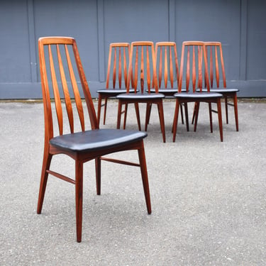 Six vintage Brazilian Rosewood "Eva" dining chairs by Koefoed Hornslet w/black leather seats 