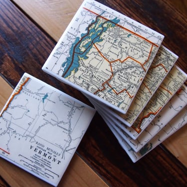 1942 Vermont Map Coaster Set of 6. Vintage Map. State Gift. Vermont Coasters. Burlington Map. Montpelier Gift. Green Mountains Decor. 