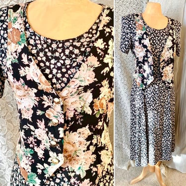 Vintage 90s Dress, Vest, Tapered Fit, Dark Floral, Grunge Cottage Core, Size S-M 