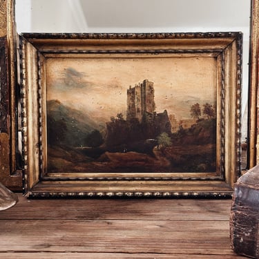 Original 19th Century Antique European Oil Painting, Castle Scene 