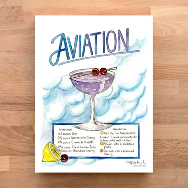 Aviation Cocktail Recipe Watercolor Art Print