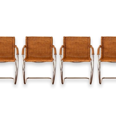 Set of 4 Mies Van Der Rohe MR20 Mid Century Modern Wicker and Chrome Armchairs 