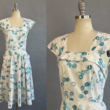 1950s Cherry Dress / Blue Cherry Print Day Dress with Rhinestones/ Size Large 