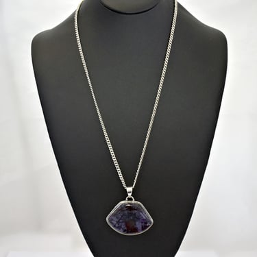 Sugilite richterite bustamite 925 silver 80's modified trapezoid pendant, geometric sterling manganese necklace 