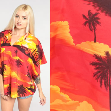 Tropical Caftan Top 90s Red Yellow Boho Blouse Hawaiian Palm Tree Print Shirt Angel Sleeve Summer Festival Vintage 1990s  Small Medium Large 