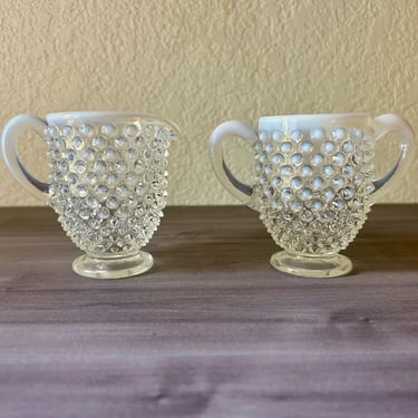 Vintage Fenton Hobnail White Opalescent Creamer and Sugar, White Moonstone Opalescent Glass, Tea Time, Tea Parties, Garden Parties 
