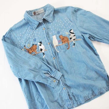 Vintage Cat Denim Long Sleeve Shirt S M - 90s Blue Jean Embroidered Rainy Day Kitty Button Up - Kawaii Novelty 