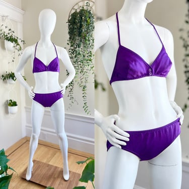 Vintage 1970s Bikini | 70s Purple Two Piece Swimsuit Solid Color Halter Bra Low Rise Bikini Bottoms Bathing Suit (x-small/small) 