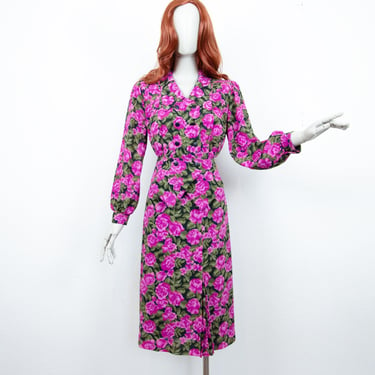 Vintage 80s Fuchsia Green Floral Silk Midi Cocktail Dress With Printed Big Belt Size M UK 12 