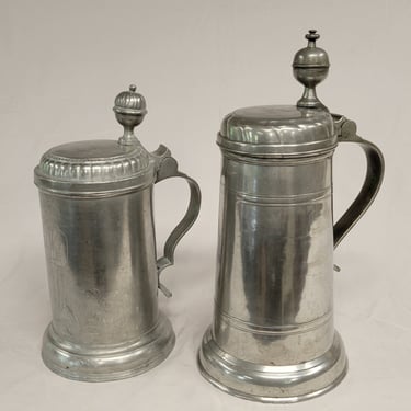 Set of Antique Circa 1800 German Inscribed Pewter Tankards Steins With Illustration and Inscriptions