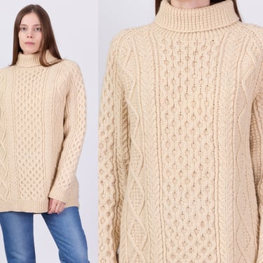 Vintage Irish Cable Knit Turtleneck Sweater - Men's Large, Women's XL | 70s 80s Slouchy Oversize Cream Wool Fisherman Pullover 