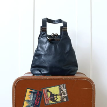 designer vintage 1970s 80s Ruth Saltz purse • rare style dark navy blue leather kiss lock handbag 