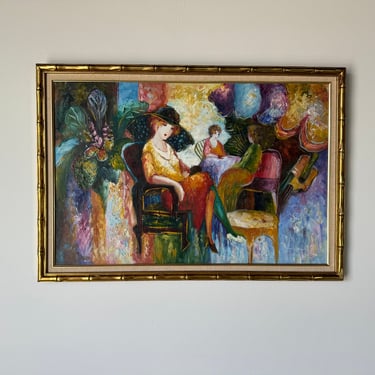 1980's Itzchak Tarkay - Style Figurative - Cafe Interior Scene  Oil on Canvas Painting, Framed 