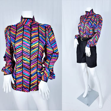 1980's Rainbow Stripe Bubble Embossed High Neck Poly Blouse I Shirt I Top I Sz Med I Ann Klein for New Aspects 