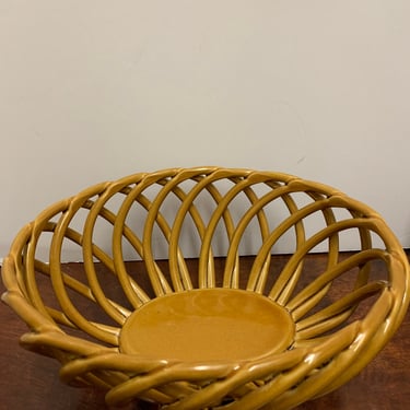 Vintage Basket Weave Stoneware Pottery Basket 