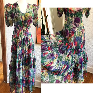 Stunning Vintage 1930's Two Piece Floral print Chiffon Dress/ Gown -- Old Hollywood Chic  size small/ medium 