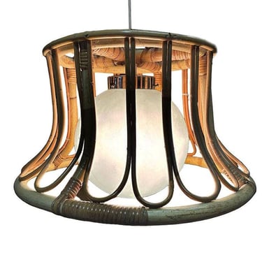 Albini Style Tulip-Shaped Reed Rattan Cieling Pendant Light w/ Glass Globe 