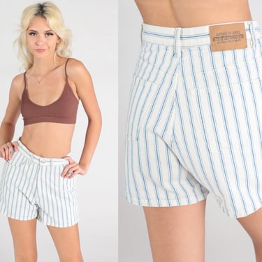 Striped Jean Shorts 90s White Blue Shorts Denim Shorts Bossini Workwear High Waisted Shorts 1990s Vintage Retro Summer Small S 