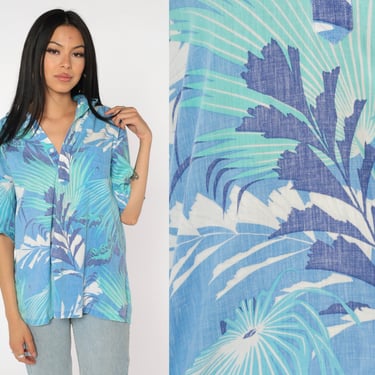 Faded Tropical Shirt Blue Button Up 80s Vintage Surfer Shirt Leaf Print Polo Top 1980s Short Sleeve Turquoise 90s Extra Large xl 