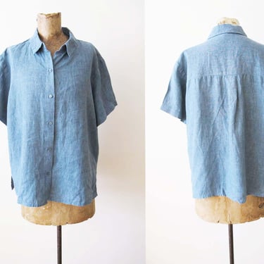 Eileen Fisher Blue Linen Boxy Blouse M - Collared Short Sleeve Minimalist Natural Button Up Shirt 