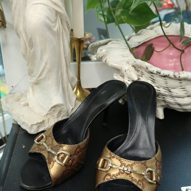Vintage Gucci GG Monogram Horsebit Mules – Metallic Gold & Black