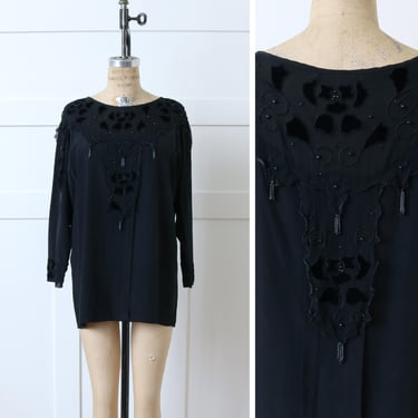 vintage 1990s black silk blouse • dark fairy beaded chiffon & velvet stylized loose fit blouse 