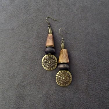 Earth tone wooden earrings, mandala earrings, bold earrings, statement earrings, ethnic earrings, rustic natural earrings, etched bronze 