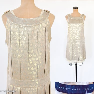 Marc Jacobs  | 1990s Gold Pleated Shift Dress | 90s Metallic Shift Dress | 1920s Style Party Dress | Marc Jacobs | Medium 