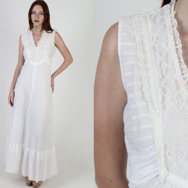 White V Neck Tuxedo Dress / Solid Color Plain Sheer Bridal Dress / Womens Floral Lace Simple Maxi Dress With Waist Tie Sash 