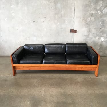 Mid Century Leather &amp; Wood Framed Sofa