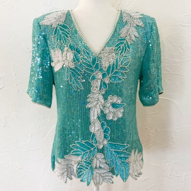 80s Turquoise White Silk Sequined and Beaded Floral Top | Medium 