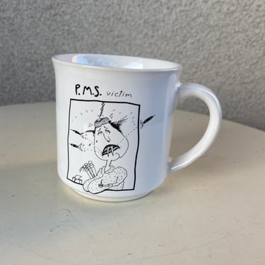 Vintage ceramic coffee mug P.M.S. Victim Beware  by Jill Wright Recycled Paper Products 3.5” 