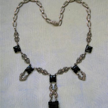 Antique 1920's Art Deco Sterling Marcasite Necklace, Art Deco Necklace, Sterling Onyx Marcasite Necklace (#4090) 