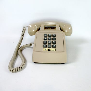 Retro 1980s Push Button Telephone w Coiled Cord Vintage Beige Table Top Touch Tone Desk Phone for Landline Movie Stage Prop Office Decor 